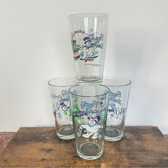 FROSTY THE SNOWMAN 4 Piece Glasses COLLECTOR'S SERIES THICK PINT GLASS SET 16oz - Picture 1 of 10